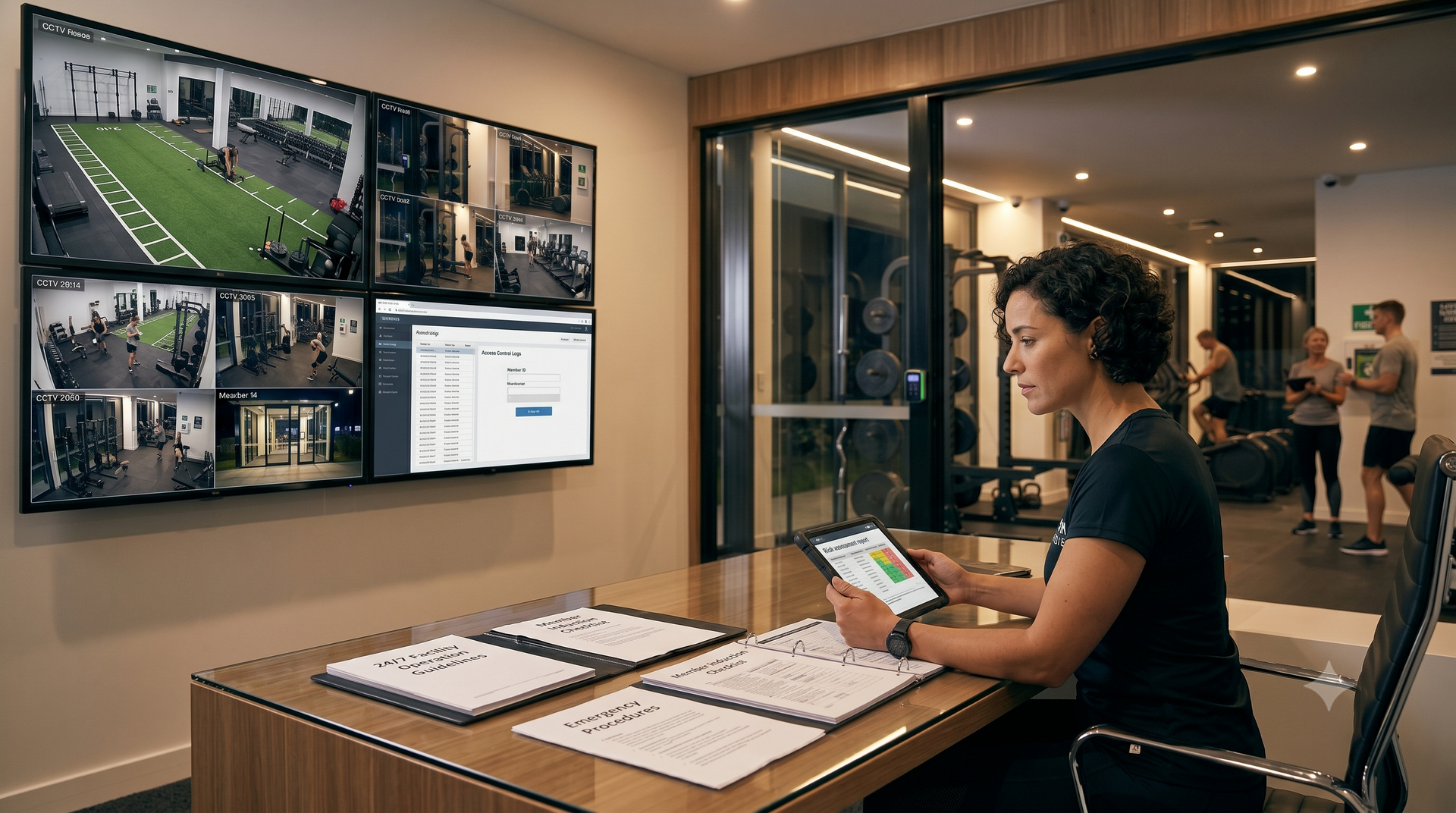 Security monitor wall in an office lobby while a woman uses a tablet at a desk