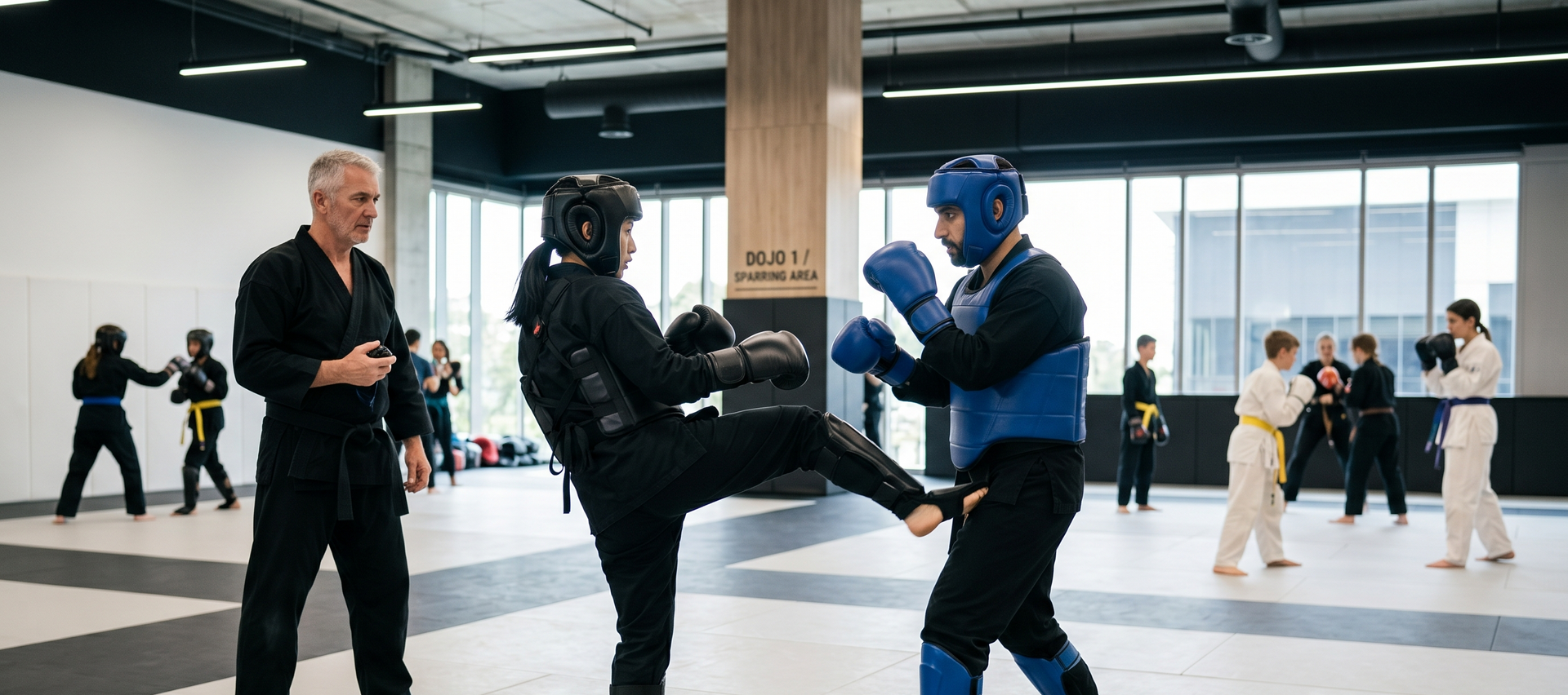 Martial arts class practicing kicks and sparring in a bright studio with observers nearby