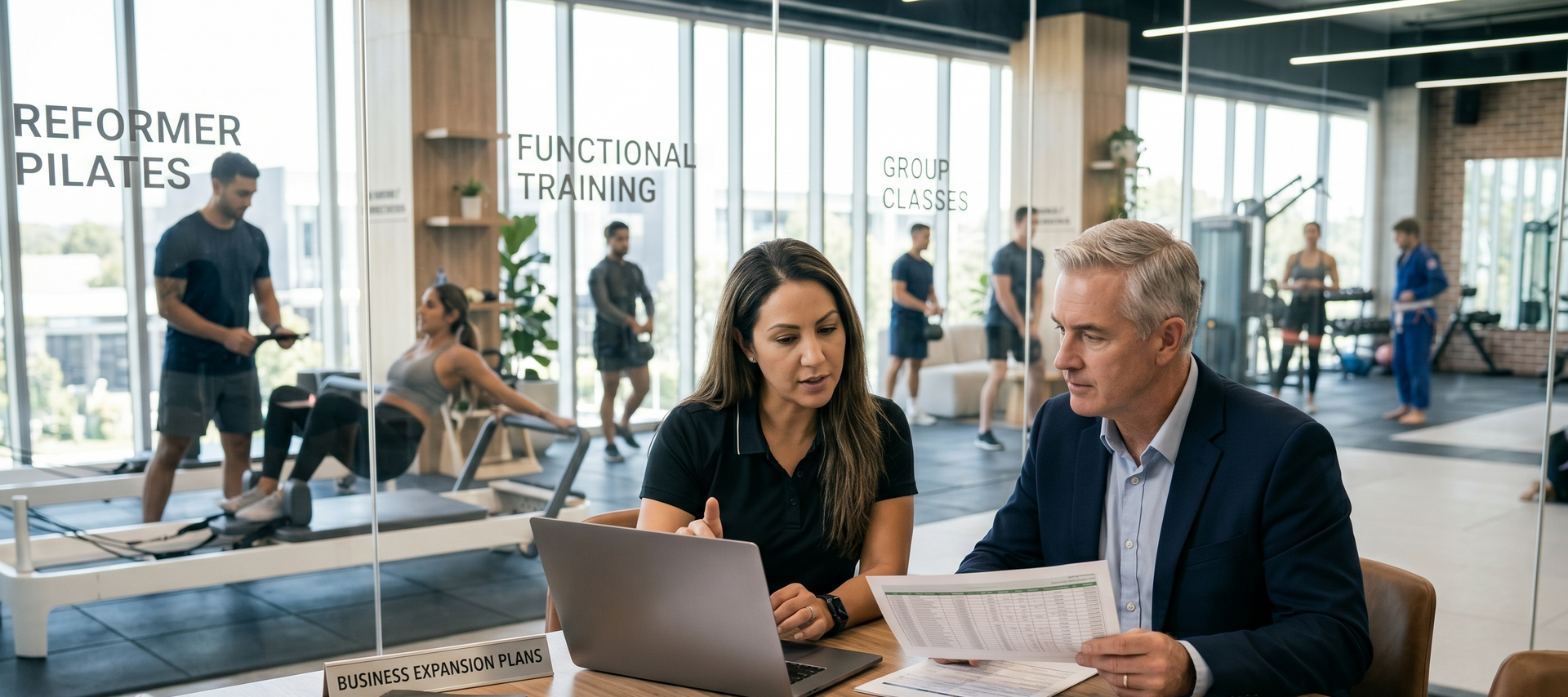 Two people review papers and a laptop in a bright gym reception area with people exercising behind them