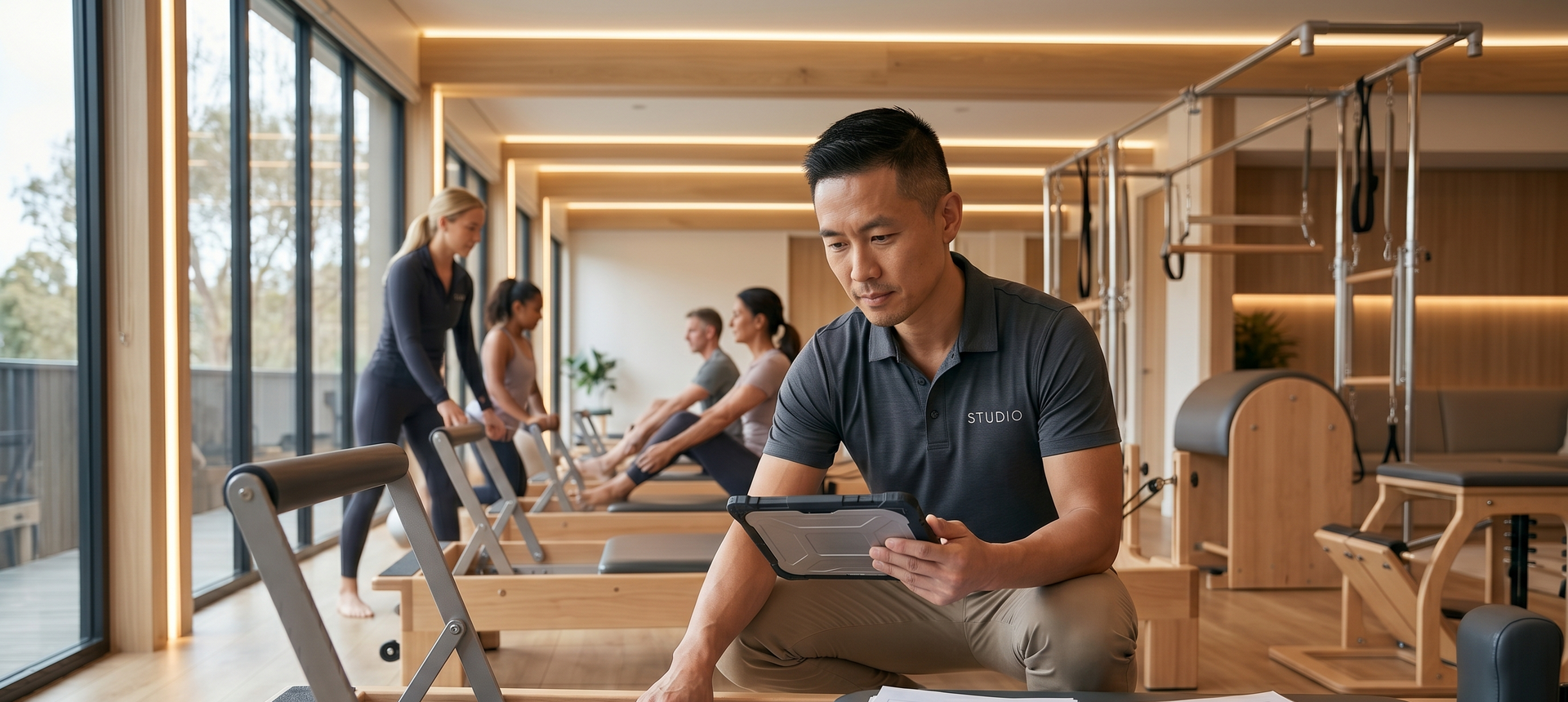 People exercising in a bright gym, with one man using a tablet in the foreground