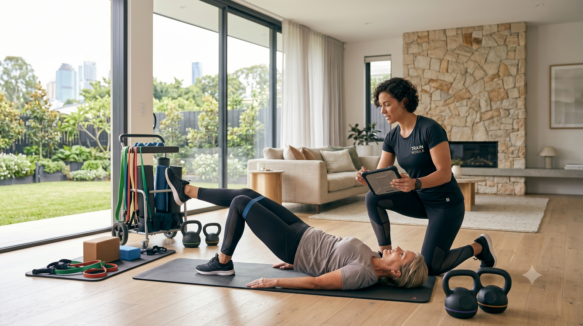 Two people exercising on yoga mats in a bright living room with gym equipment and kettlebells nearby