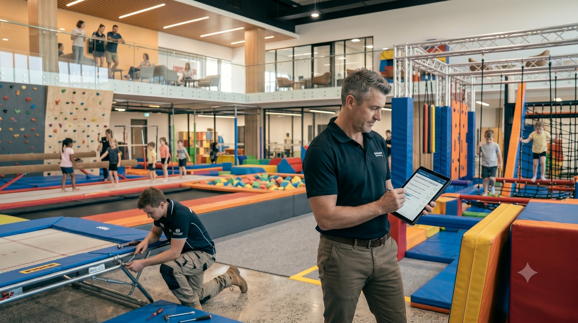 Gymnastics gym with athletes on trampolines and mats while a coach writes on a clipboard