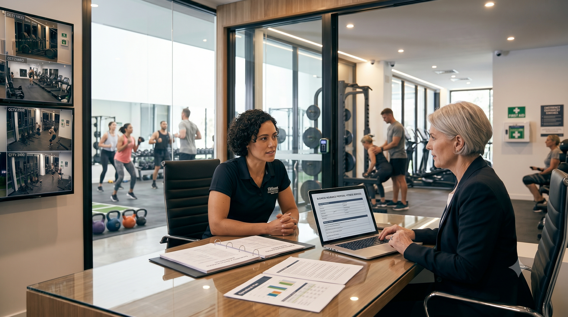 Two women talking at a desk in a bright office lobby, with a laptop and papers between them.