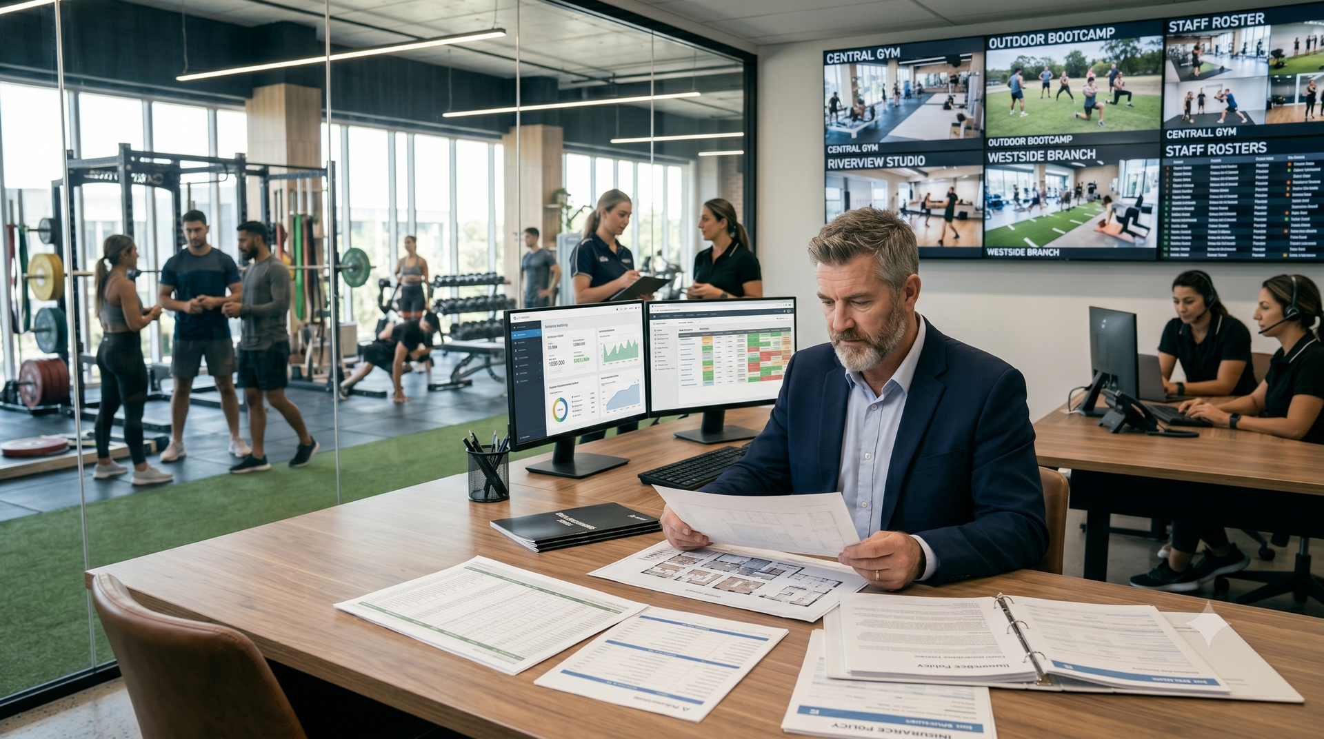 Man reviewing papers at a desk in a modern surveillance office with multiple monitors and security cameras visible.