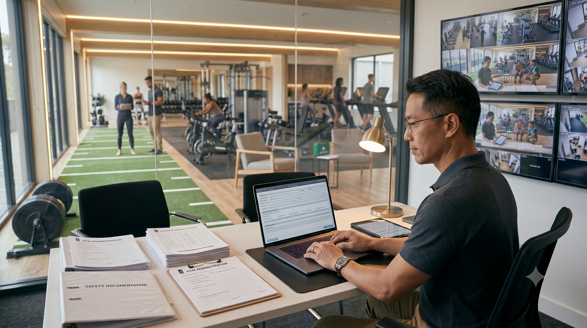 Man typing on a laptop in a modern gym office overlooking workout equipment and turf lanes