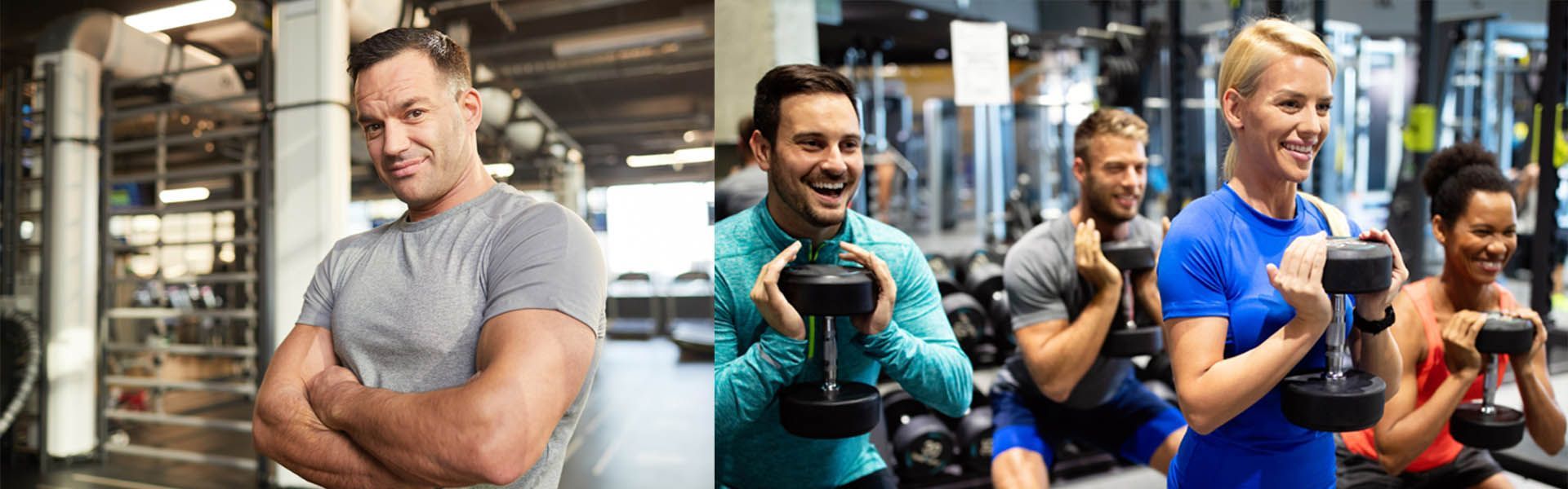 People exercising with weights in a gym. A man in gray shirt smiles. Others in workout clothes, smiling, holding dumbbells.