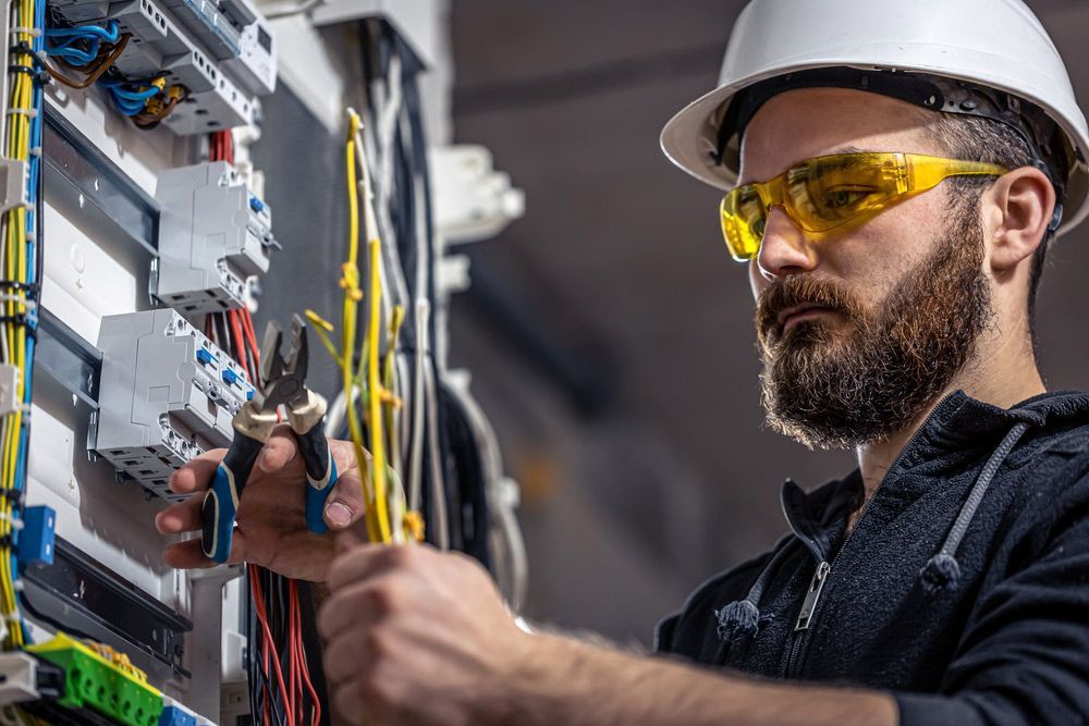 A Man Wearing A Hard Hat And Safety Glasses Is Working On An Electrical Box — Industrial Electrician In Wagga Wagga, NSW