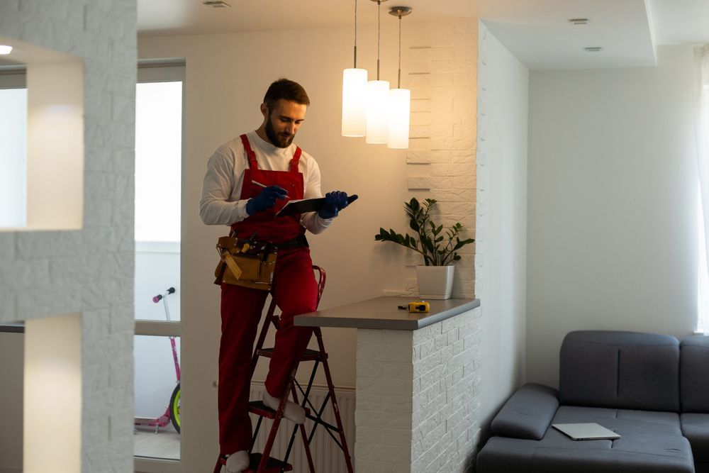 A Man Is Standing On A Ladder In A Living Room Looking At A Clipboard With Lights On — Electrical Services In Wagga Wagga, NSW