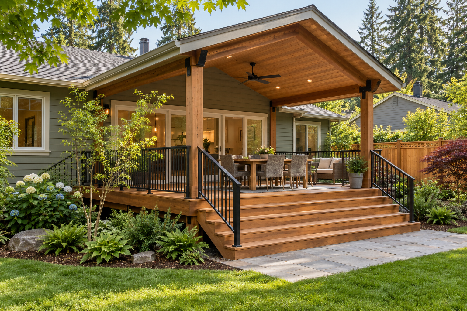 Concept rendering of a wood deck and covered outdoor living area