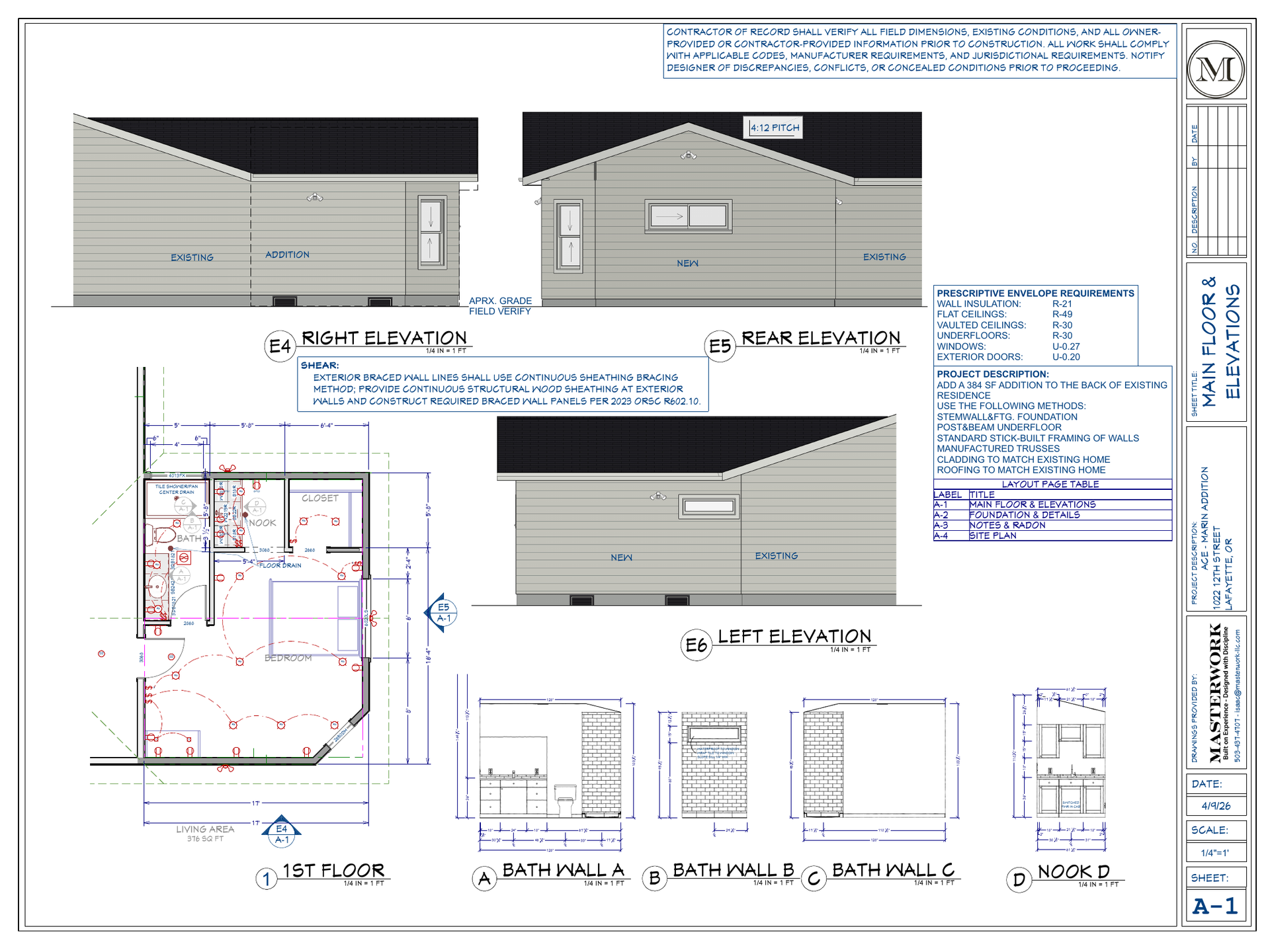 Complete Marin addition blueprint sheet with floor plan and elevations