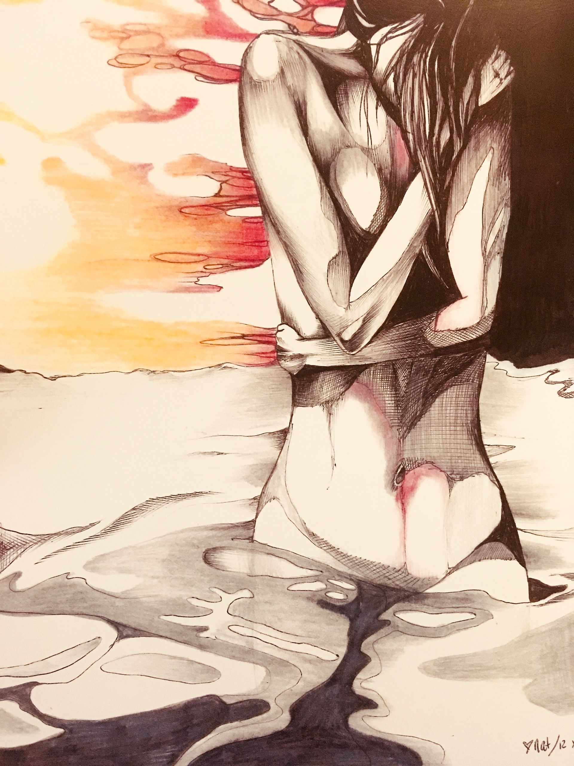 Drawing of a woman's torso submerged in water with a sunset and clouds in the background.