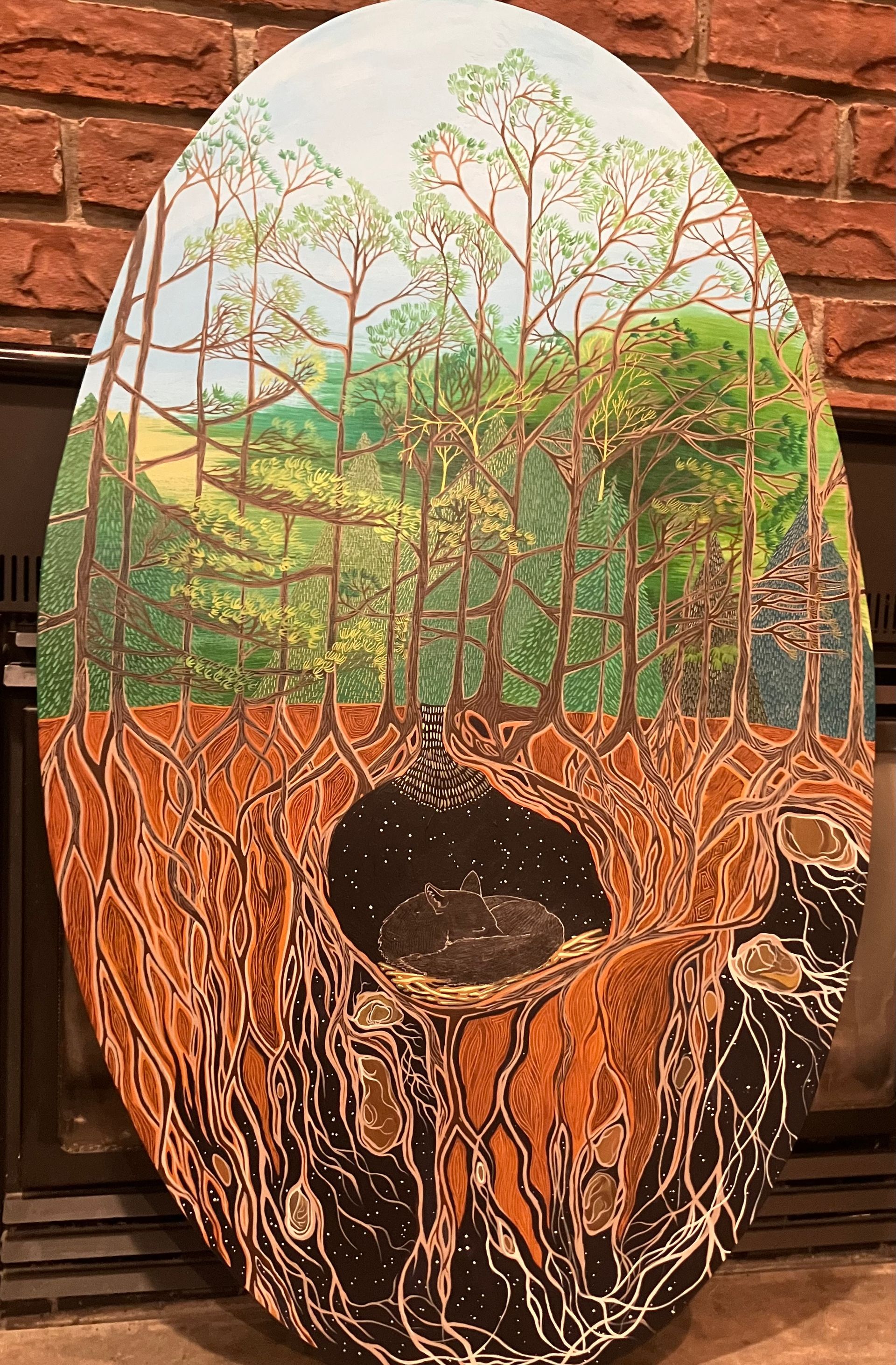 Painting of a fox curled up in a den surrounded by stars, roots and tree tops above the ground.
