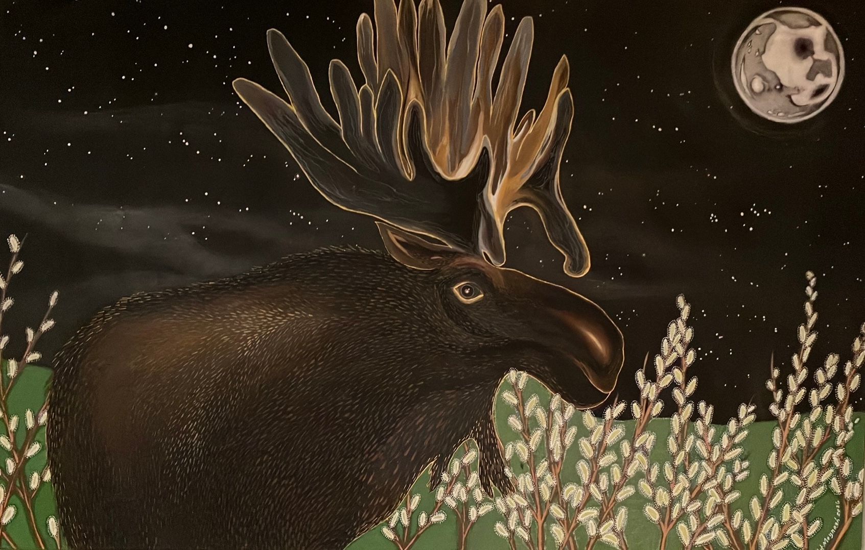 Acrylic painting of a moose hanging out in a field of young willows under a full moon with a dark starry night sky.