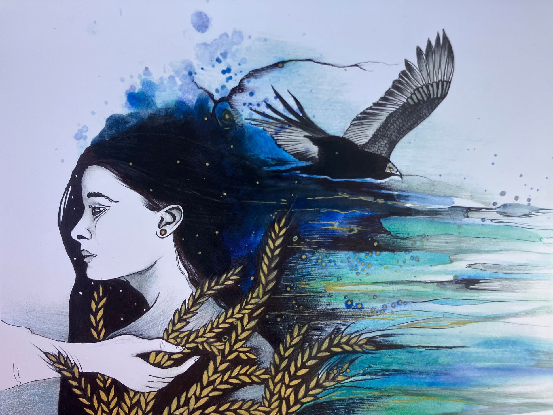 Drawing of the virgin goddess with her hair turning into sky with a turkey vulture flying in the background and wheat growing with the hand of the divine showing up to separate the wheat from the chaff, however you qualify that.
