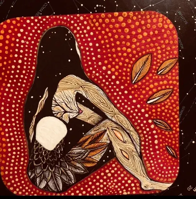 Painting of a naked woman with healing energy taking care of her guts, feathers living within her and also floating away and her energetic field becoming more vibrant.