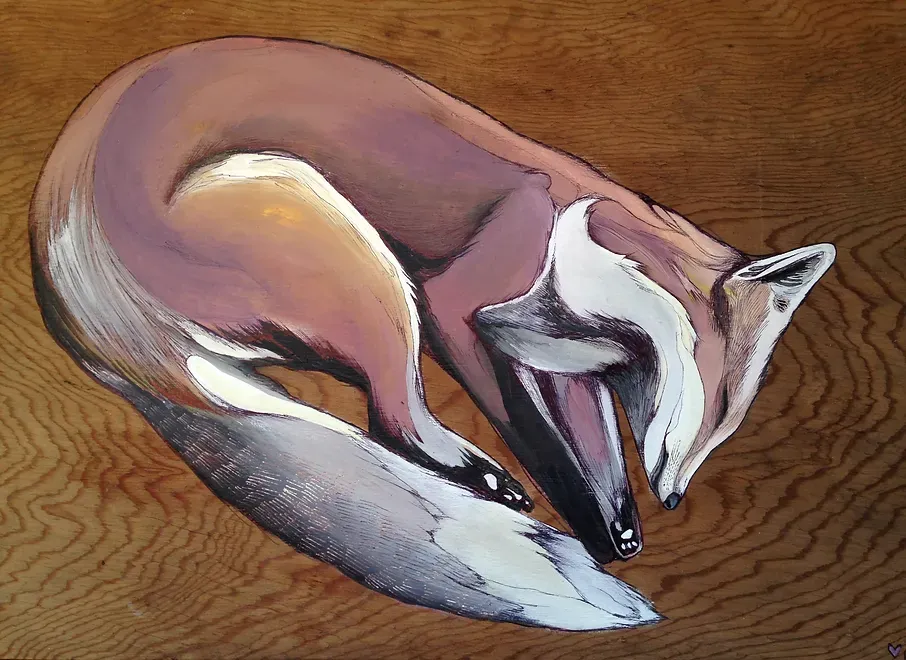 Painting of a red fox sleeping on a wooden canvass.