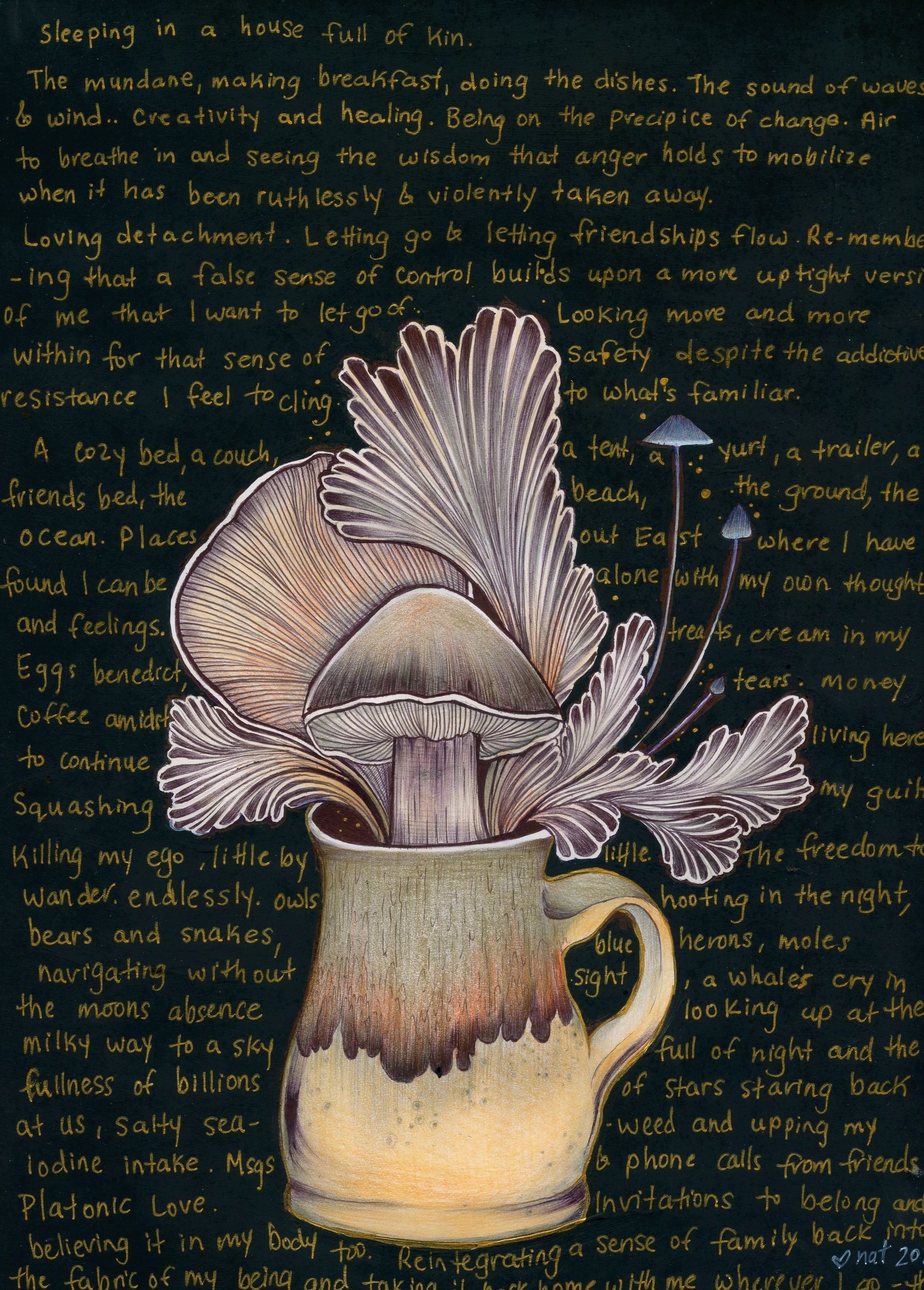 A print of a drawing/painting of a tea mug growing wild mushrooms with a poem in the background entitled: making breakfast.