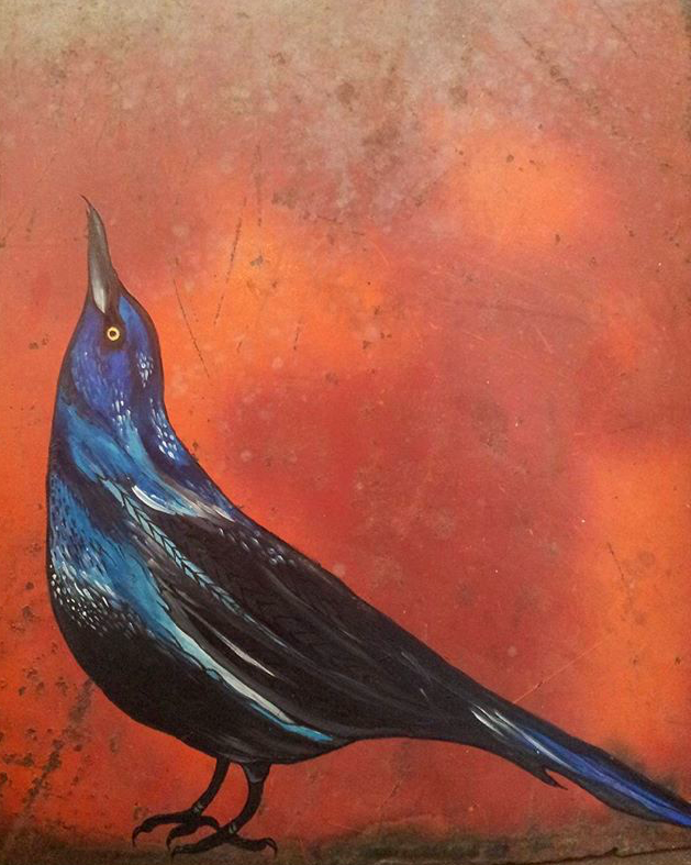 Painting of a grackle on a red and orange rusty sheet of metal, inspired by stories my father told me of himself as a child trying to catch a grackle by tying string to a cracker. He did eventually catch that grackle, all bound up in string and was scolded by his mother, etching that memory deeper into his little mind forever.