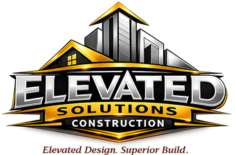 Logo for Elevated Solutions Construction, with building silhouette in gold and silver, and tagline.