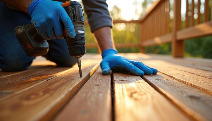 Person drilling a screw into a wooden deck board while wearing blue gloves, close-up view.