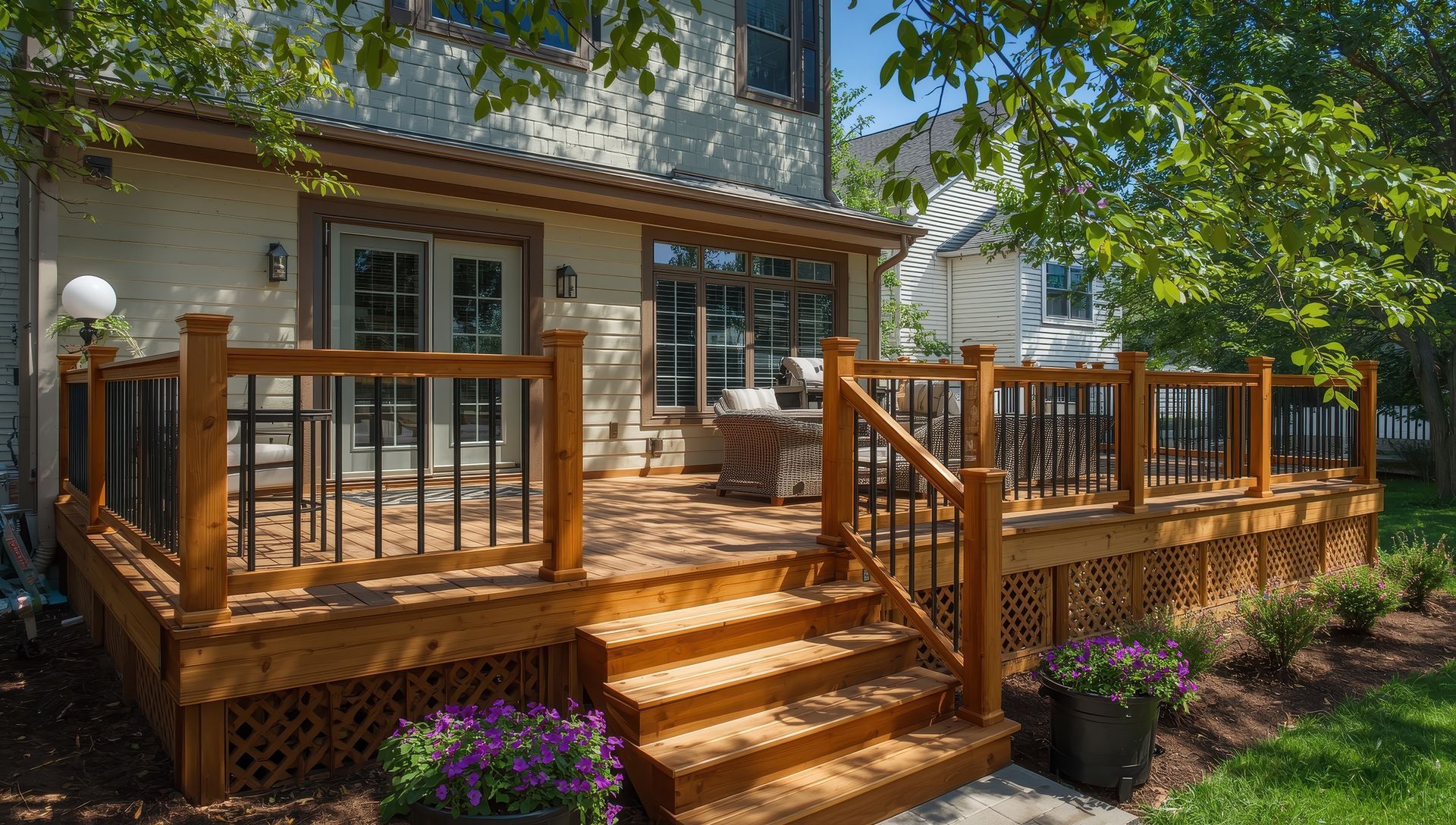 Wooden deck and stairs on a house patio with black railings and flower beds in a leafy backyard.