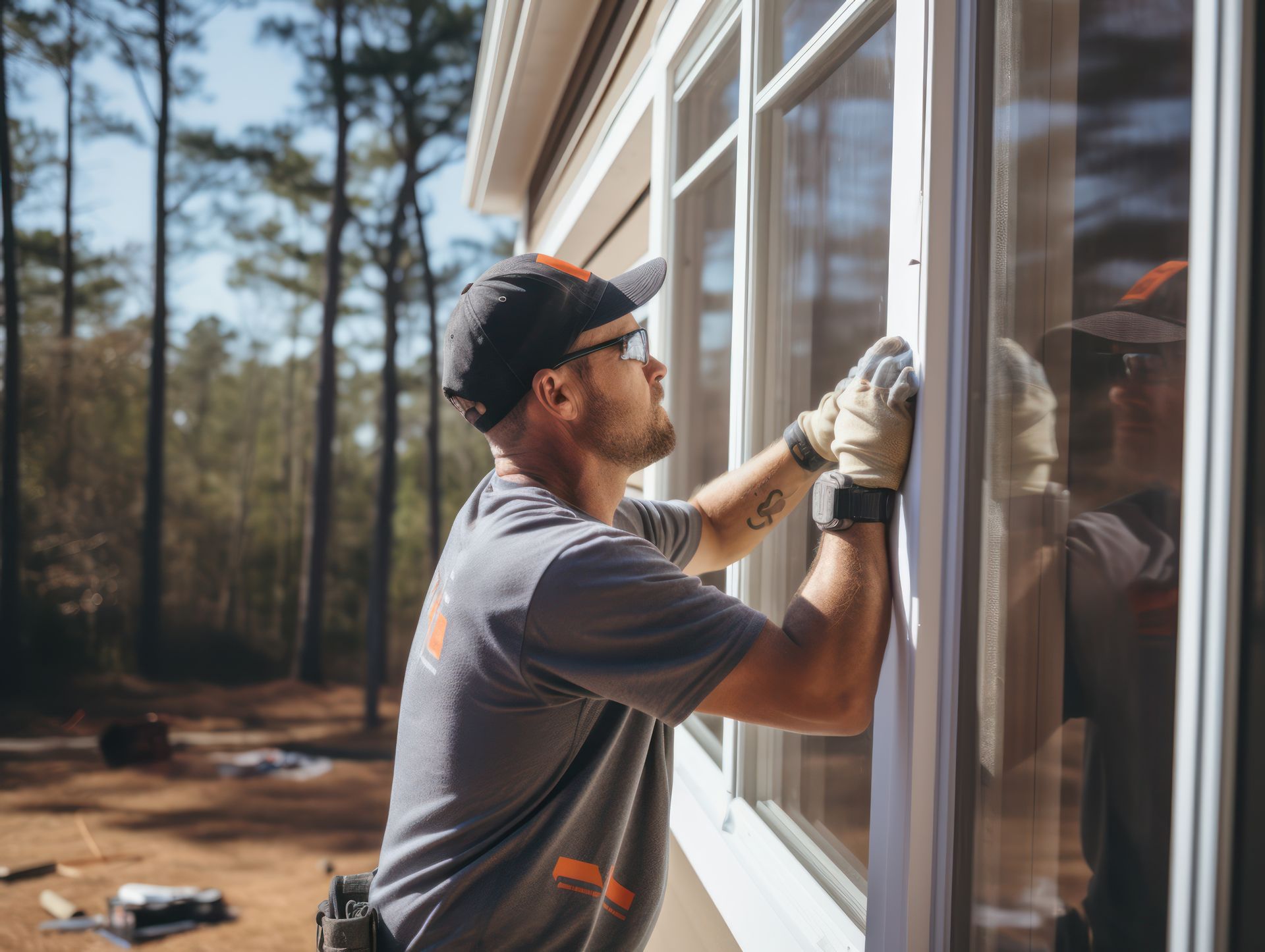 Worker drilling beside a house window while wearing a cap and gloves