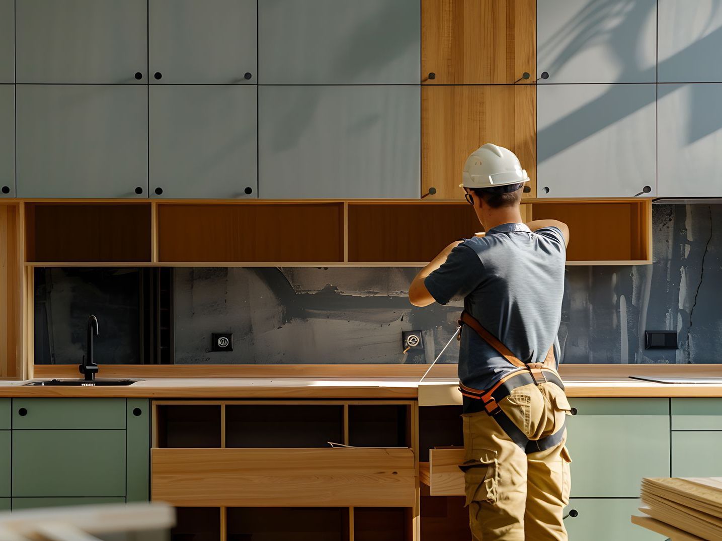 Worker in hard hat installing cabinets in a modern kitchen under construction