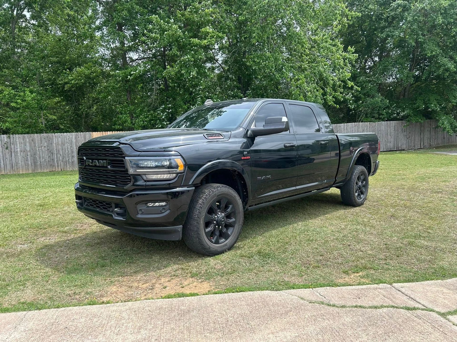 Black pickup truck parked on grass beside a sidewalk, with trees and a wooden fence in the background.