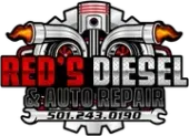 Red's Diesel & Auto Repair logo with red truck and piston, phone number 501-243-0190