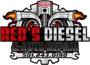 Red's Diesel & Auto Repair logo with red truck and piston, phone number 501-243-0190