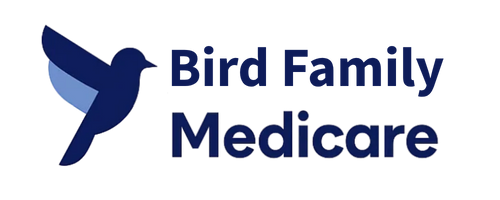 Adam Bird Medicare logo featuring a blue bird icon with text to the right.