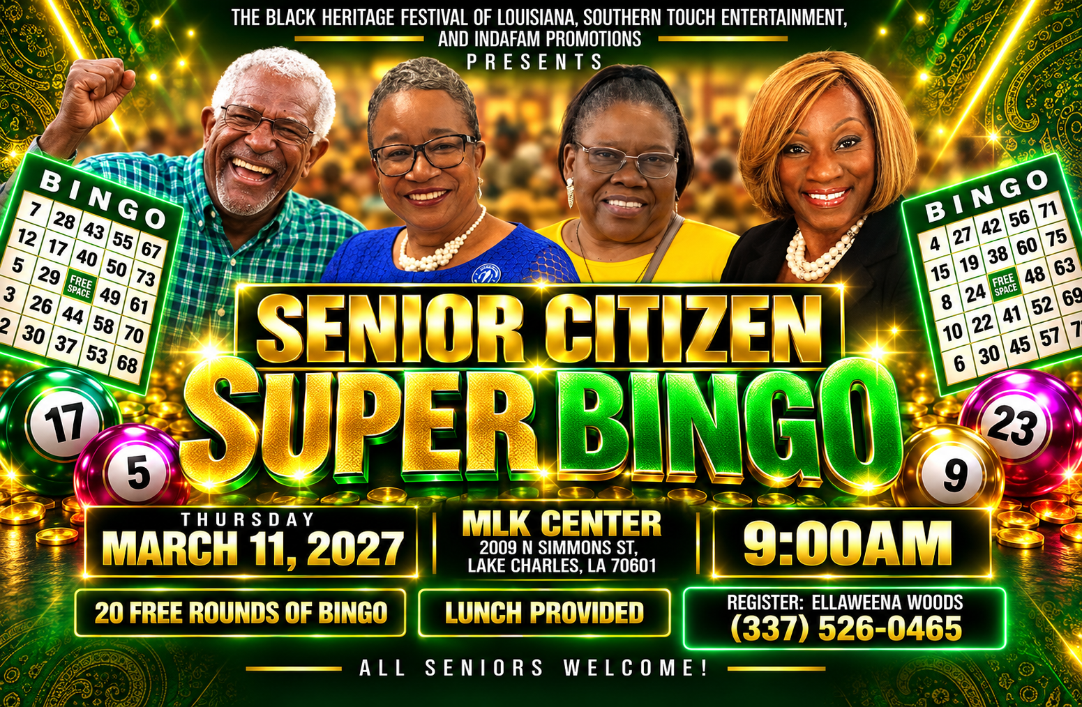 Group of four celebrating Bingo win. Golden balls and cards on table.