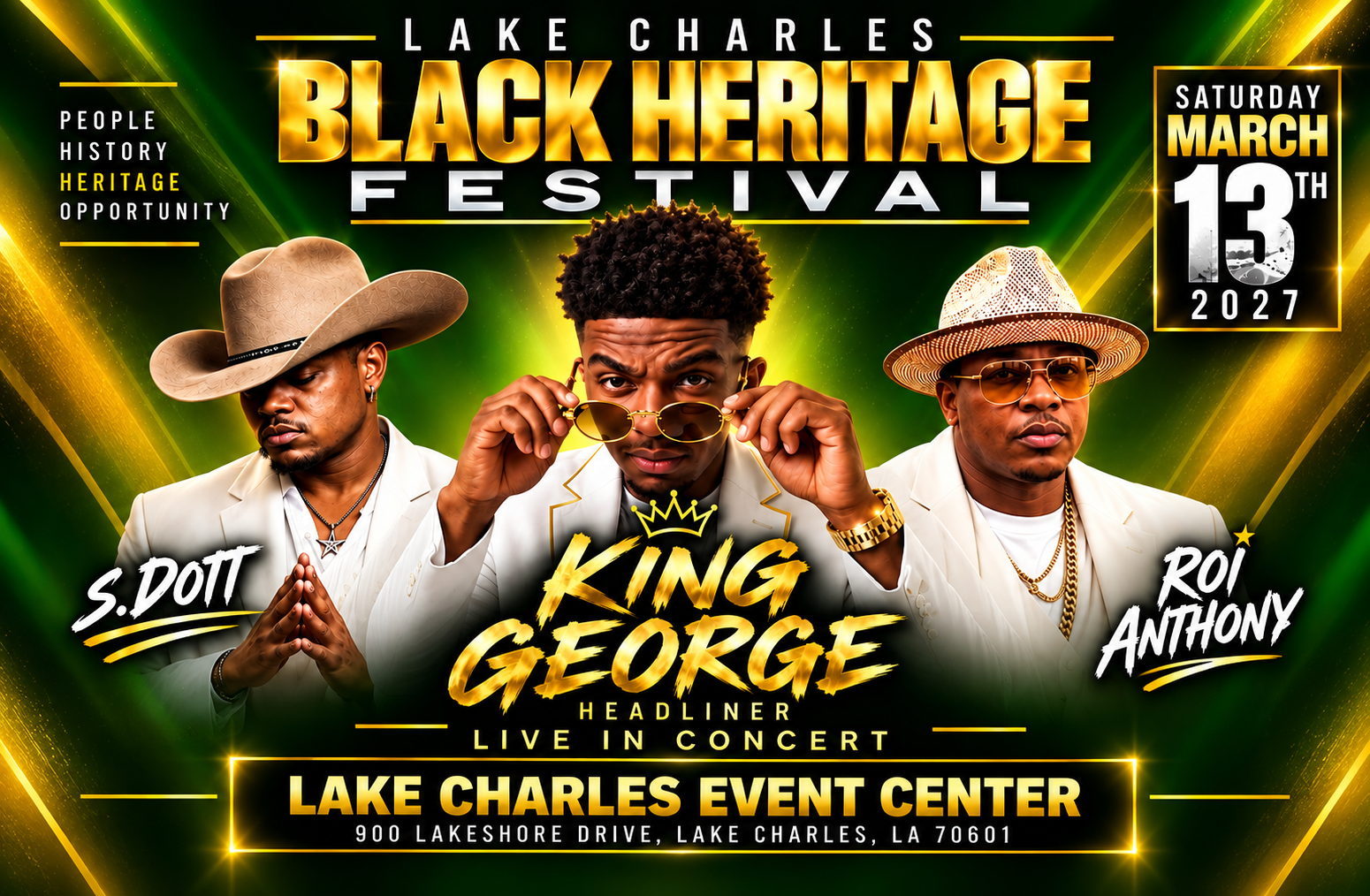 Concert flyer: Black Heritage Festival Gala, tribute to Tyrone Davis, Chaka Khan, Aretha Franklin. March 13, 2026, Lake Charles, LA.