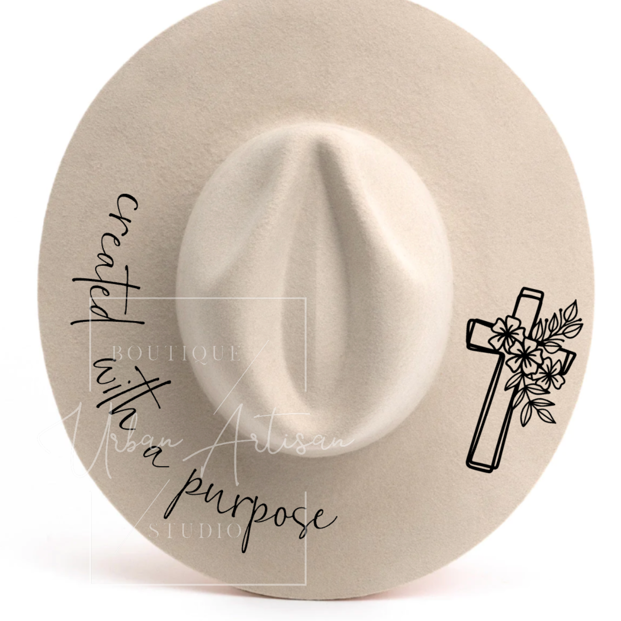 A hat that says created with a purpose on it