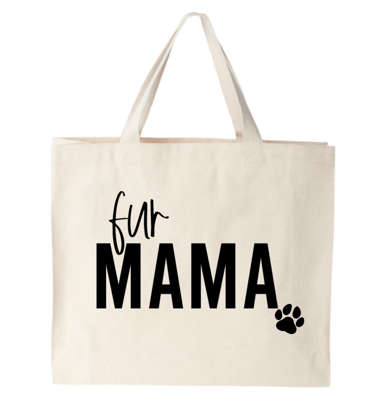 A tote bag that says fur mama with a paw print
