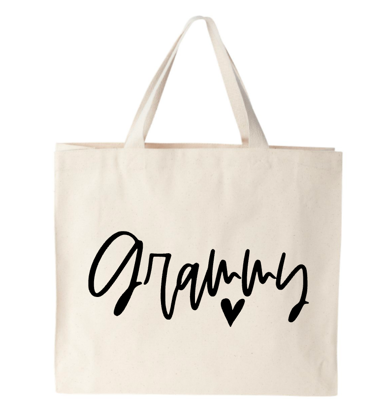 A white tote bag with the word granny on it