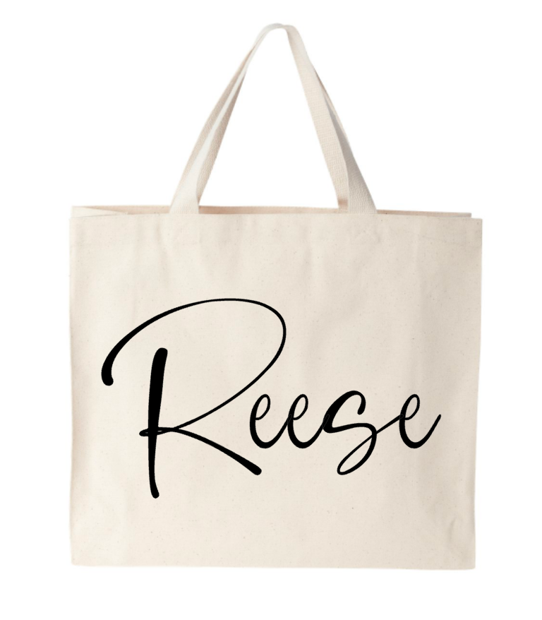 A white tote bag with the name reese on it