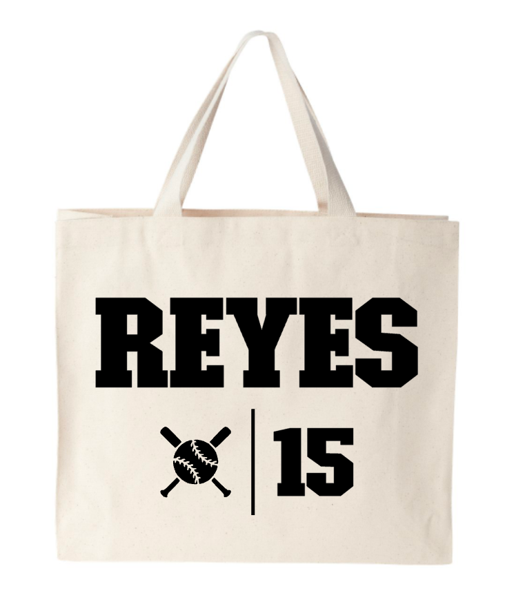 A tote bag that says reyes 15 on it