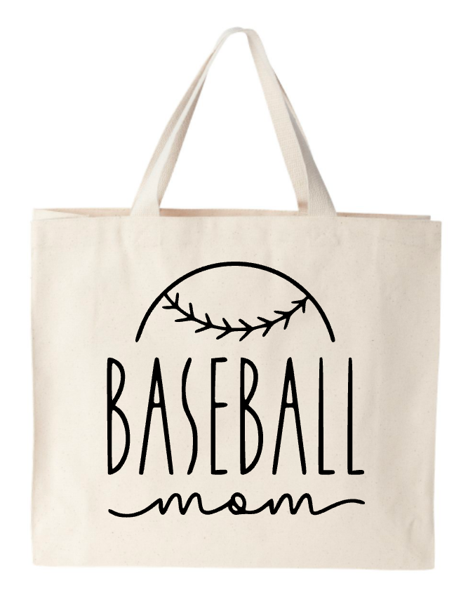 A tote bag that says baseball mom on it