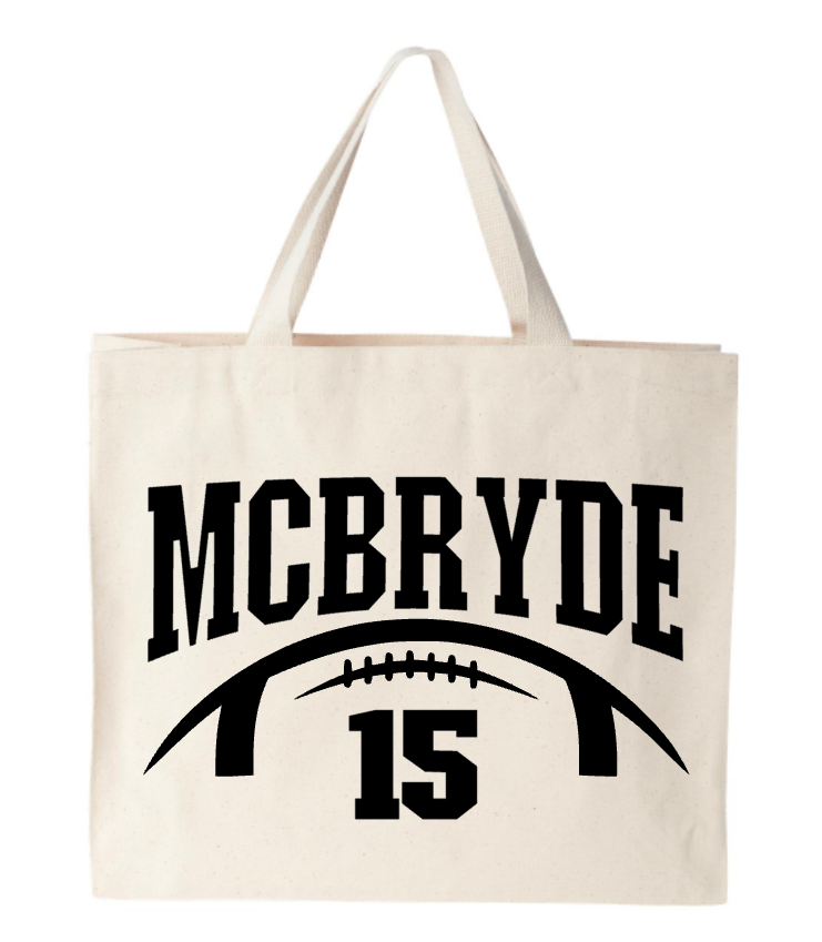 A tote bag that says mcbryde 15 on it