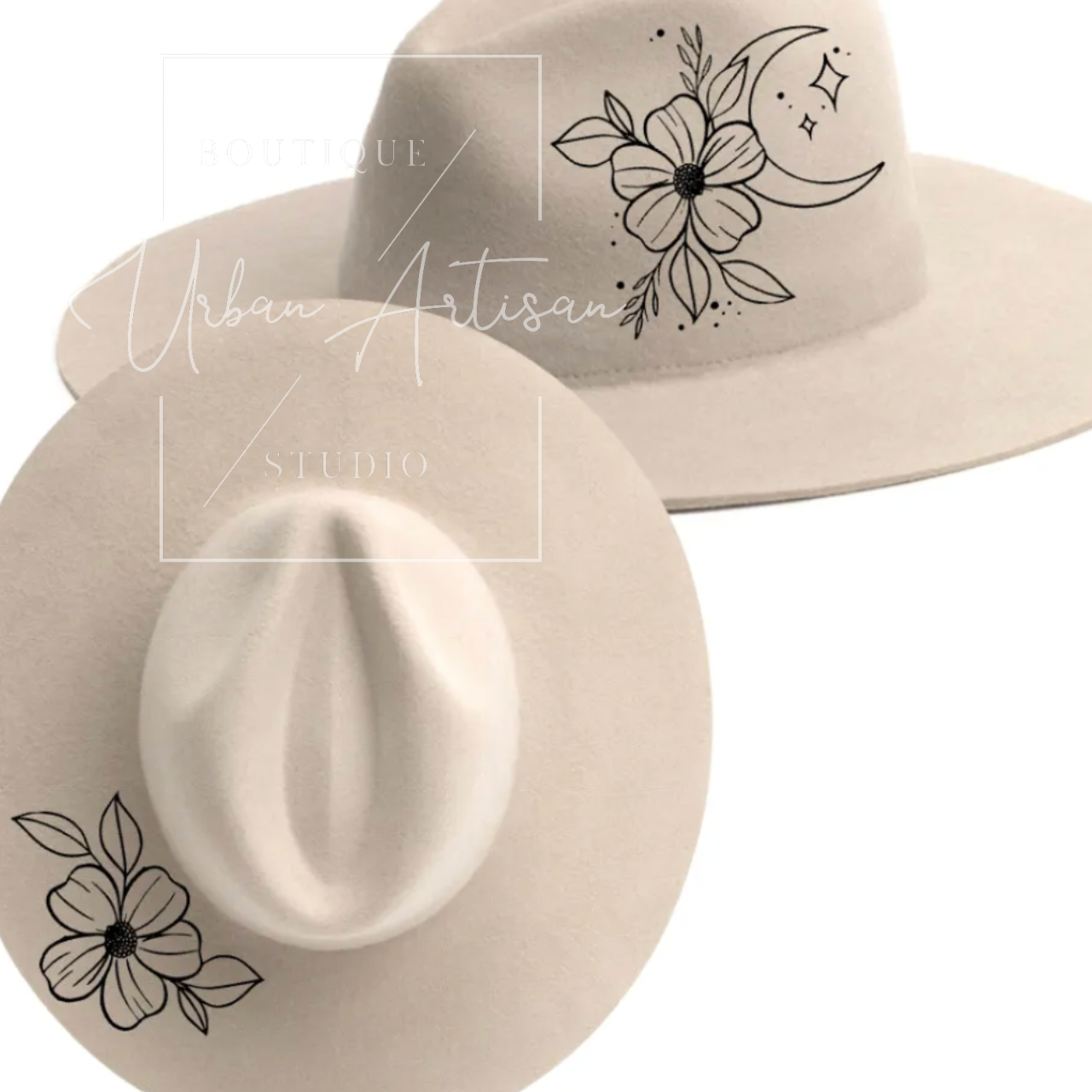 A hat with a flower and a crescent moon on it
