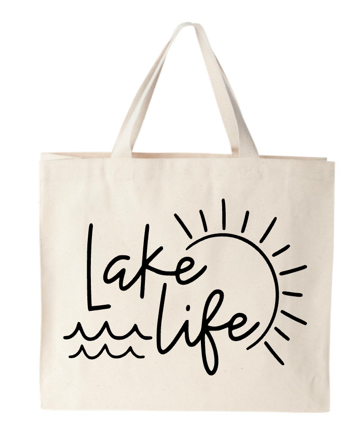 A tote bag that says lake life on it