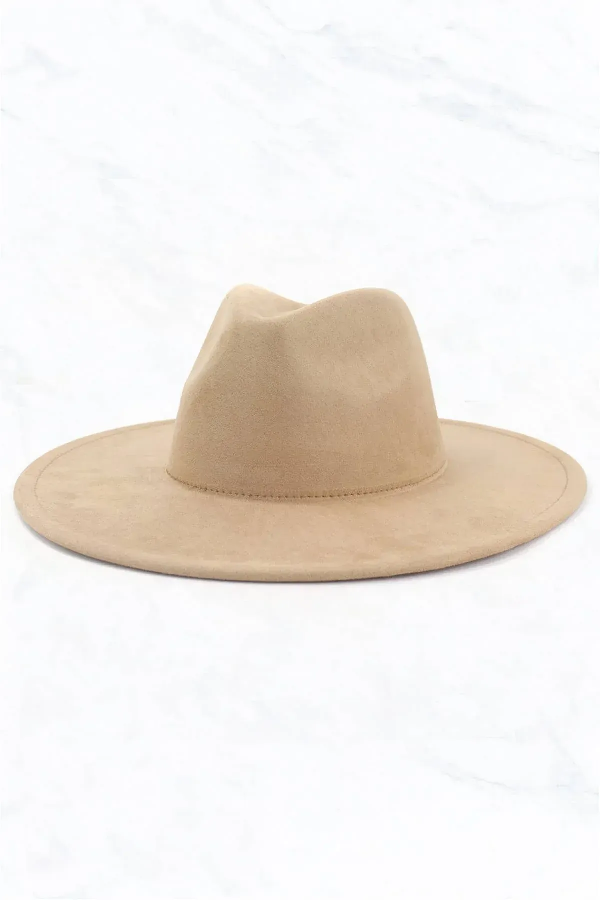 A tan fedora hat with a wide brim on a white background.