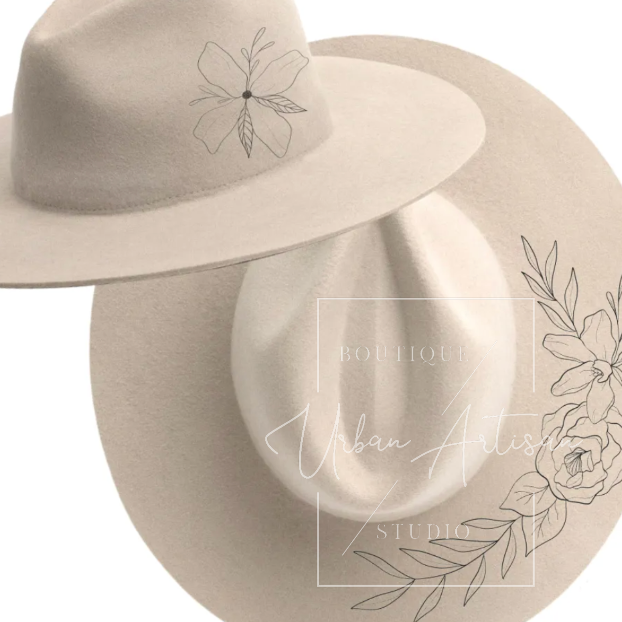 A hat with a flower on it and the word urban on it
