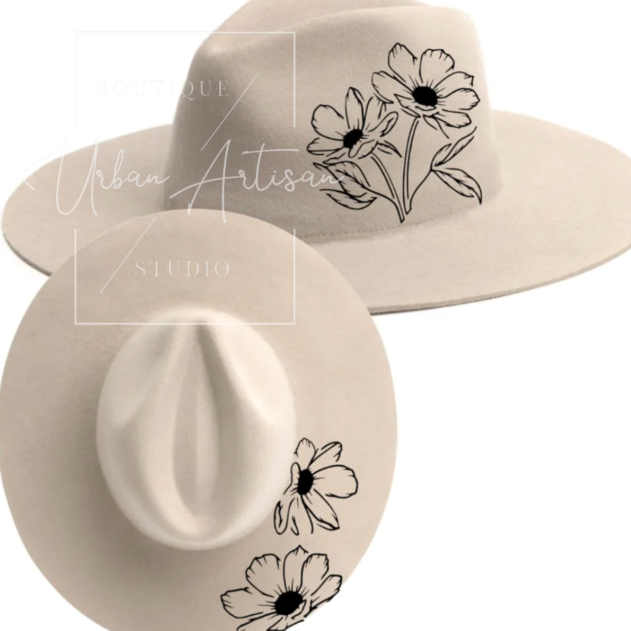 A hat with flowers on it is from the urban artisan studio