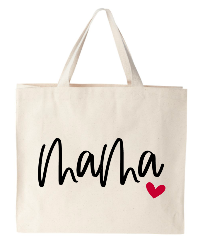 A white tote bag with the word mama on it