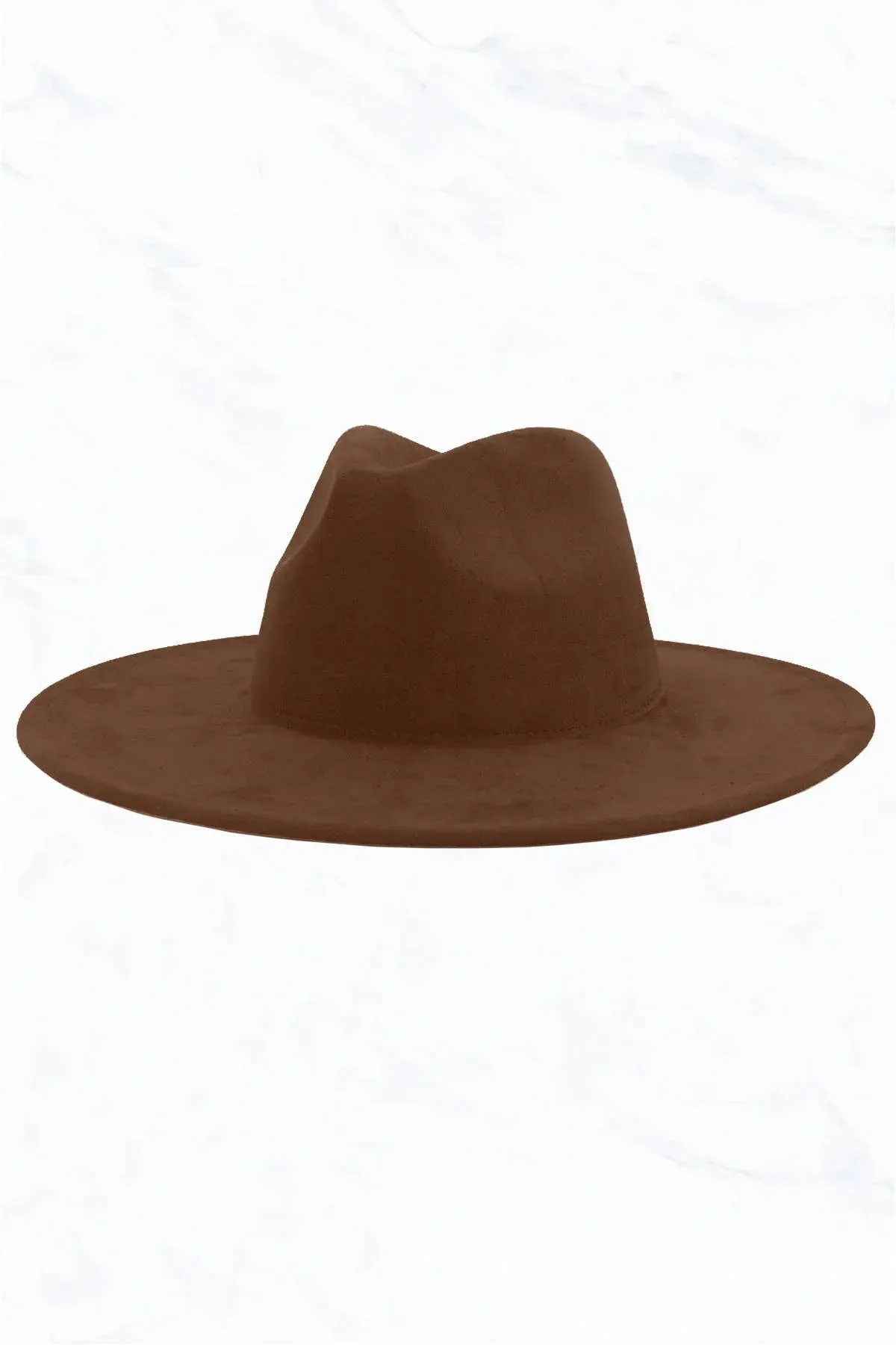 A brown fedora hat with a wide brim on a white background.