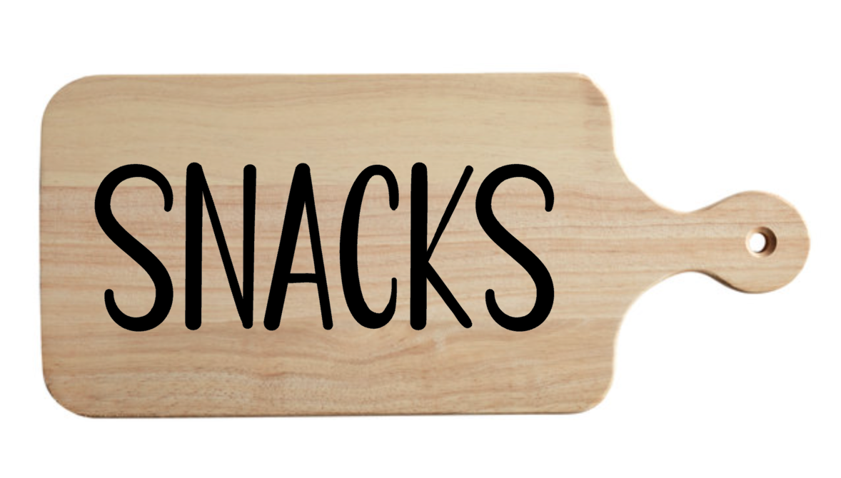 A wooden cutting board with snacks written on it
