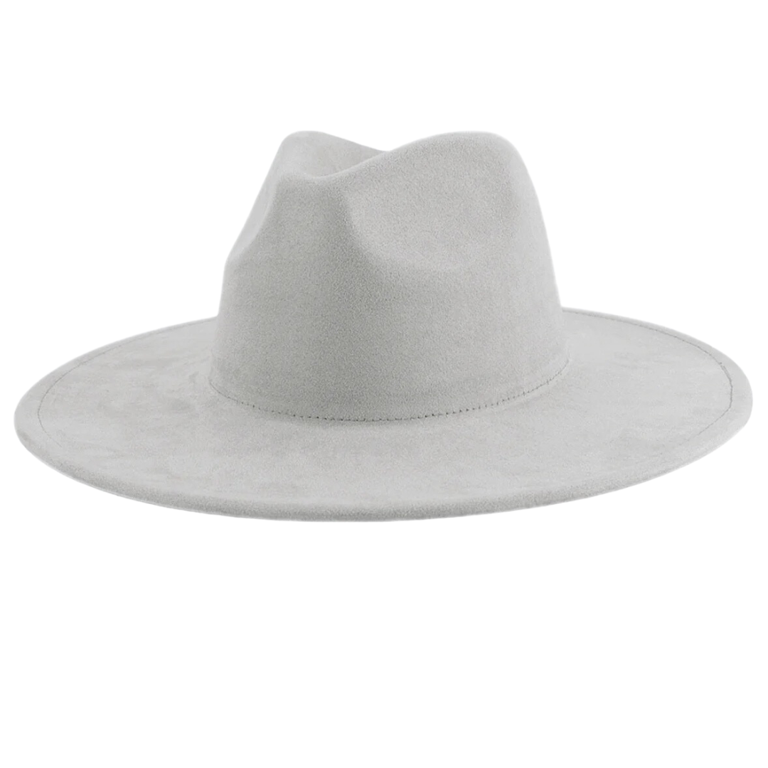 A white fedora hat with a wide brim on a white background.