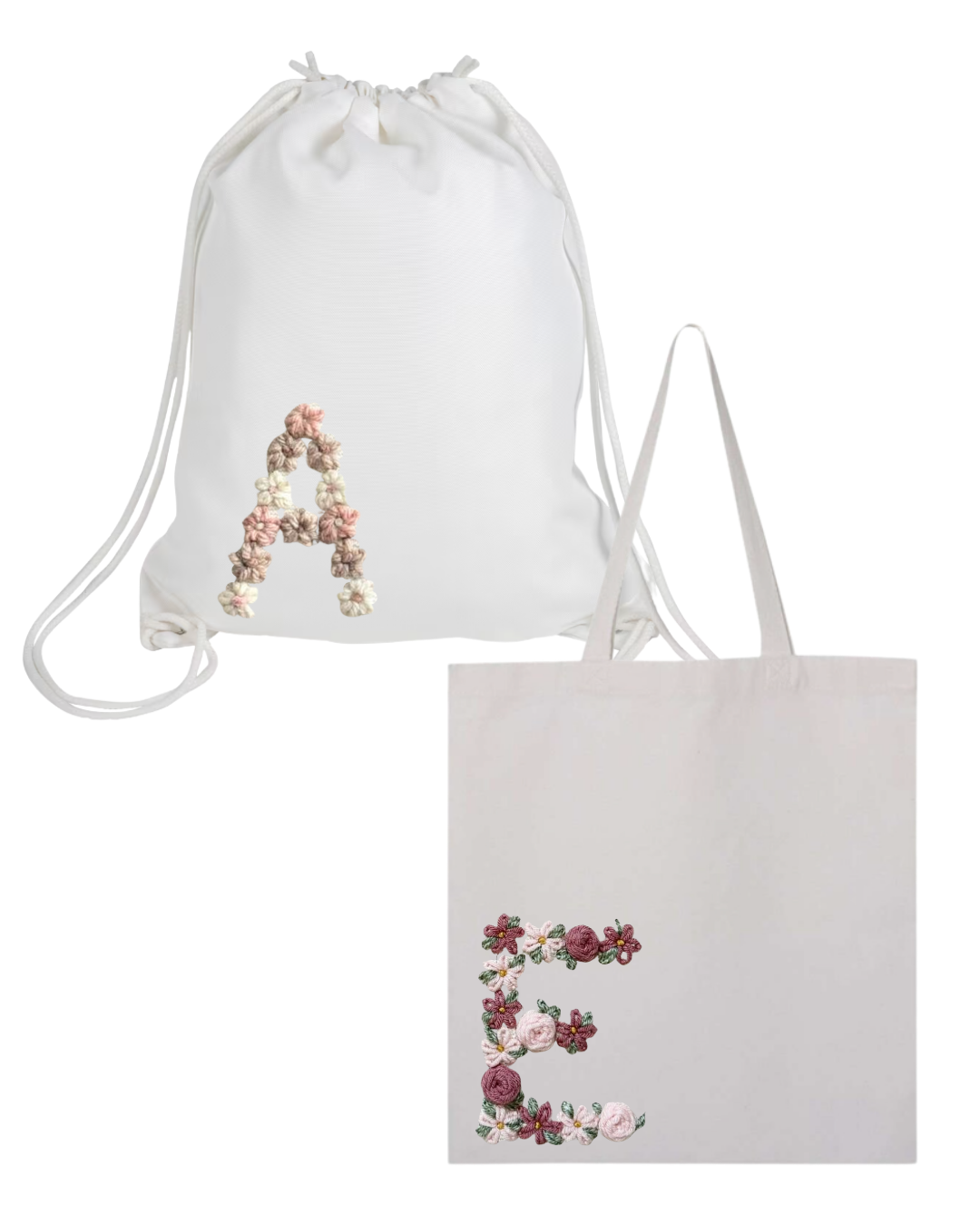 A white drawstring bag and a white tote bag with the letter a embroidered on them.